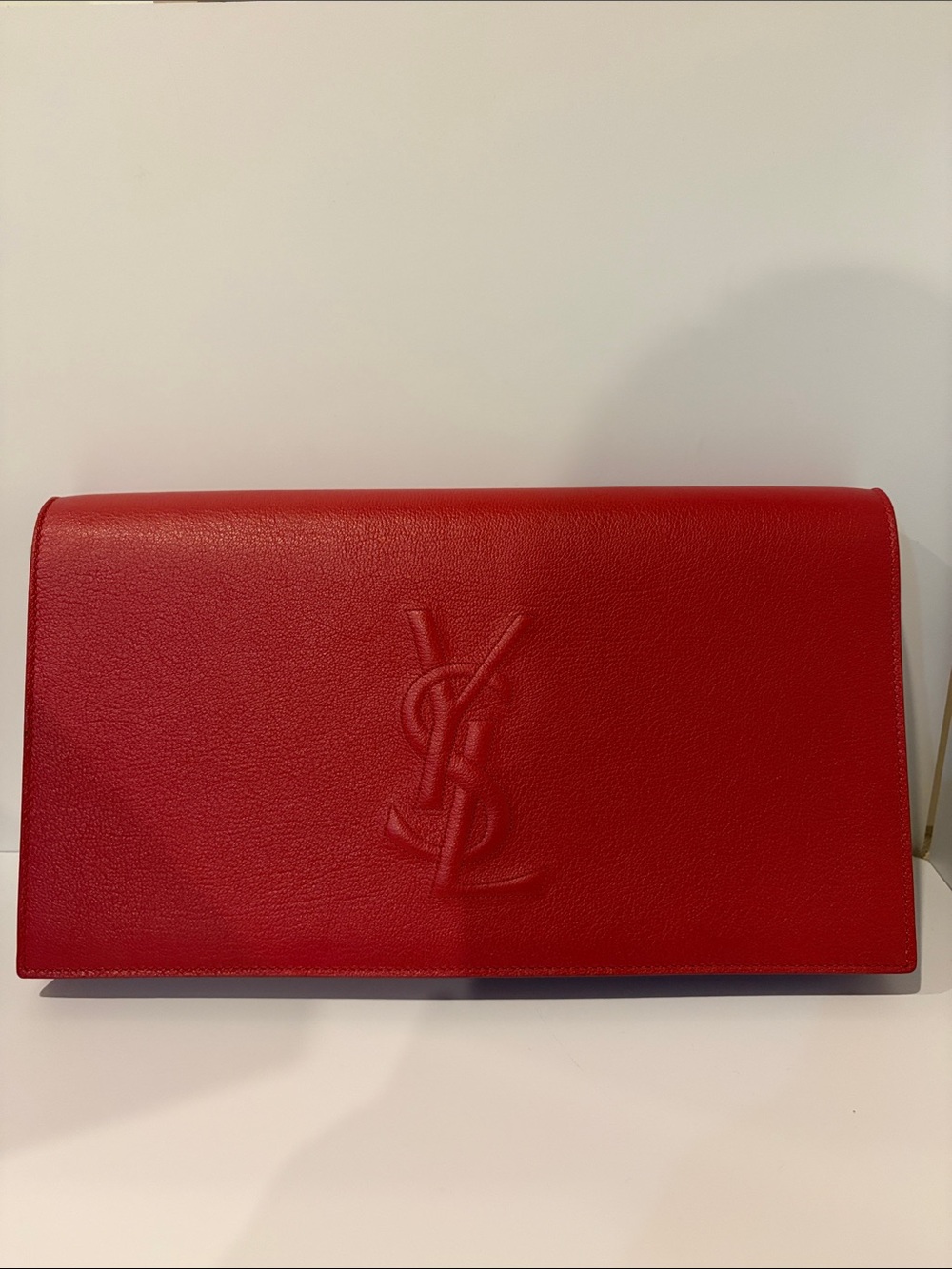 Saint Laurent Red Leather Fold-Over Clutch with Embossed YSL Monogram